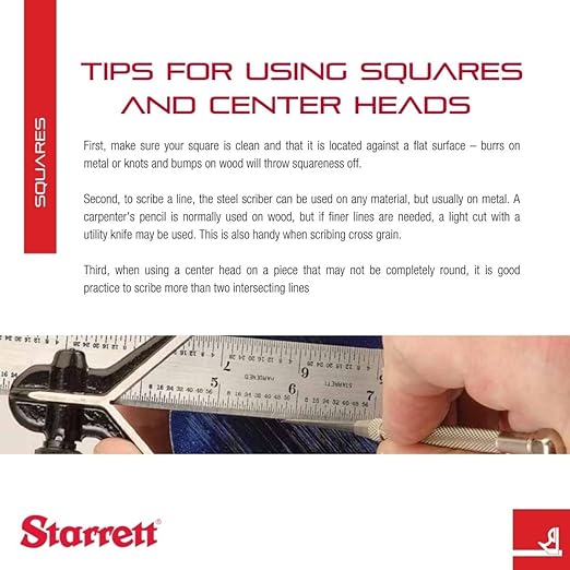 Starrett Steel Combination Square with Square Head and Center Heads - 12" Blade Length, Forged and Hardened Steel Heads, Scriber, Spirit Level, 4R Graduation Type - C33HC-12-4R
