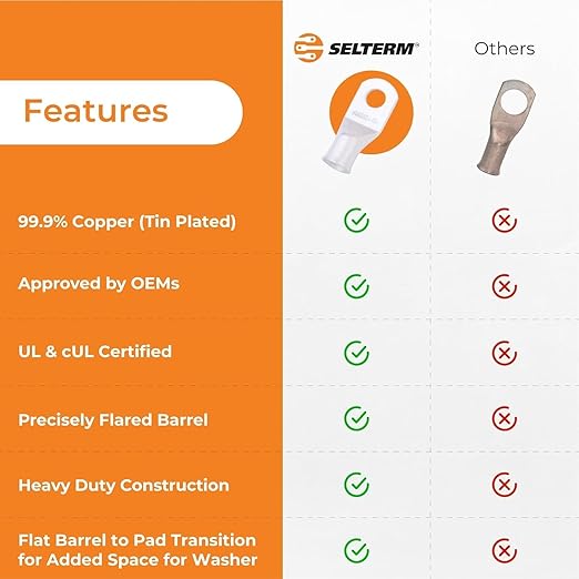 SELTERM 25pcs 3/0 AWG 1/2" Stud Marine Grade Tinned Copper Battery Cable Lugs, 000 Gauge Ring Terminals, UL Wire Lugs Electrical Cable Ends, Terminal Connectors