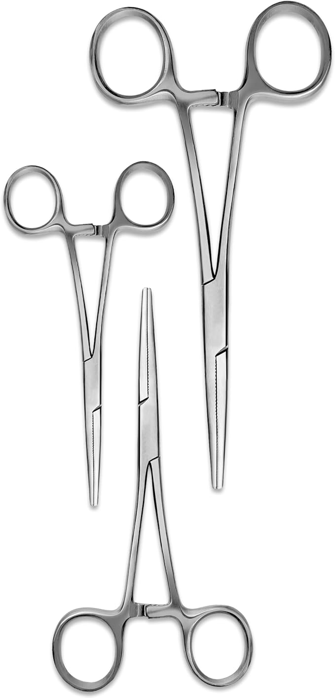 Hemostats ROCHESTER PEAN Forceps Locking Pliers Clamps Tongs Full Serrated Stainless Steel set (Straight 8,10,12 Inches 3 pcs Set)
