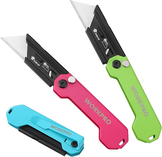 WORKPRO 3-Pack Folding Utility Knife, Razor Blade Knife with Safety Axis Lock, Quick Change Blade Box Cutter, EDC Pocket Knife with Belt Clip