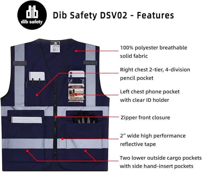 Dib Safety Reflective Vest High Visibility with Pockets and Zipper, Navy 4XL