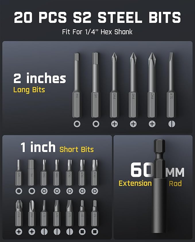 Fanttik L2 Pro Electric Screwdriver set, Cordless Screwdriver, 20 Bits, 1/4‘’Hex Chuck, Max 6N·m Torque, Digital Screen, Variable Speed, 2000mAh Rechargeable Battery, Tech Tool for DIY Enthusiasts