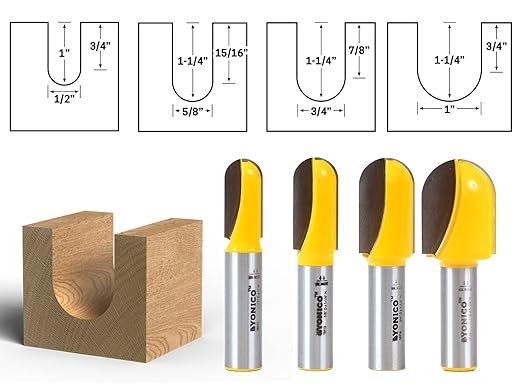 YONICO Round Nose Core Box Router Bit Set 4 Bit 1/2-Inch Shank 14461