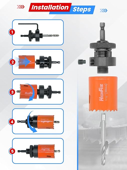 HIGHFIRE 17 Pcs 1/4" Hex Shank Hole Saw Kit for Impact Driver, 3/4" to 2" Bi-Metal Heavy Duty Hole Cutter for Metal, Wood and Plastic, Smooth and Precise, Fast Chip Removal.