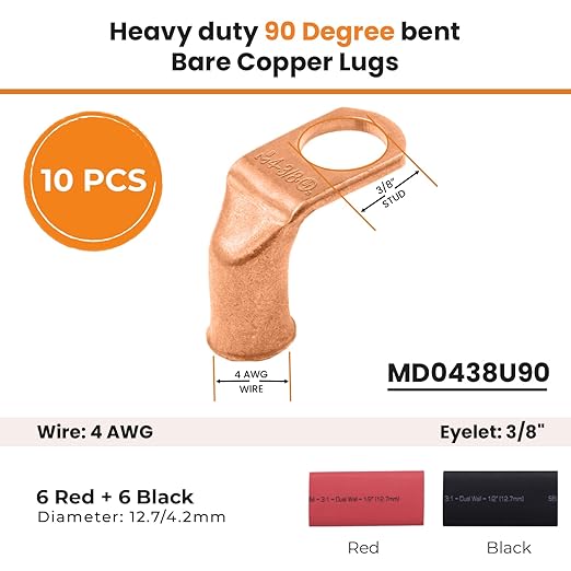 SELTERM 10pcs - 4 AWG 3/8" Stud - 90° Bent Battery Lugs - Ring Terminal Connectors with 12pcs 3:1 Black & Red 1/2" Heat Shrink Tubing - Heavy Duty Battery Cable Ends - Bare Copper Wire Connectors Kit