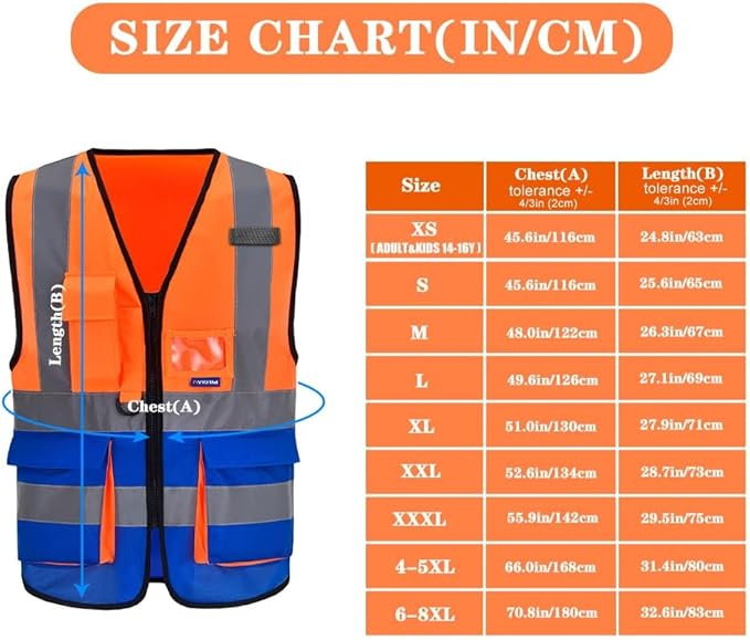 A-SAFETY Industrial Safety Vest, Hi Vis 9 Pockets High Visibility Zipper Front Reflective Safety Vest, Orange&Blue Color Mixed, XL