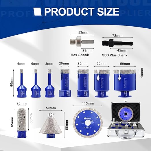 SHDIATOOL Diamond Tile Drill Bits Kit 12pcs, Porcelain Hole Saw Sets, Core Bits Cutter for Drilling Ceramic Marble Granite (6/6/8/20/25/35/50/20MM/2/SDS/HEX/4.5“)