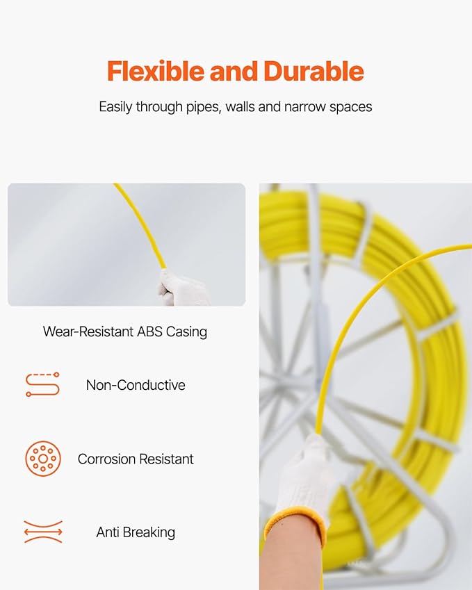 VEVOR Fiberglass Fish Tape 656 FT x 1/4 inch, Fish Tape Duct Rodder Puller with Durable Steel Stand, Non-Conductive Fishtape Wire Cable Running Rod for Walls, Floor and Electrical Conduit