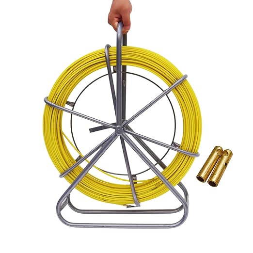 INTSUPERMAI 6mm 425FT Duct Rodder Fish Tape Fiberglass Wire Cable Running Rod Reel Wire with Durable Steel Stand, Fishtape Puller Conduit Puller with 2pcs Copper Tips
