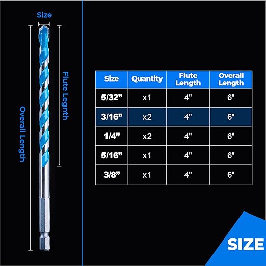 toolant 3/16" Concrete Drill Bit Set & Masonry Drill Bit Set, Shockproof Hex Shank Hammer Drill Bit Set for Glass/Brick/Plastic/Cement/Tile, Industrial Strength Carbide Drill Bit Tip 1/4" Box of 10