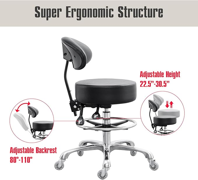 Drafting Chair Big Cushion Rolling Stool with Back, Tall Shop StoolRolling Chair with Footrest for Studio, Workshop, Classroom, Lab, Counter, Home Office (Black)
