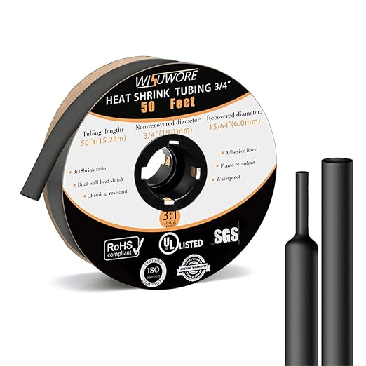 3:1 Heat Shrinkable Tubing with Adhesive Lining 3/4'' Eco-Friendly Flame Retardancy Marine Grade Sleeving Tube Wrap Cable Wire 50 Feet Roll Black