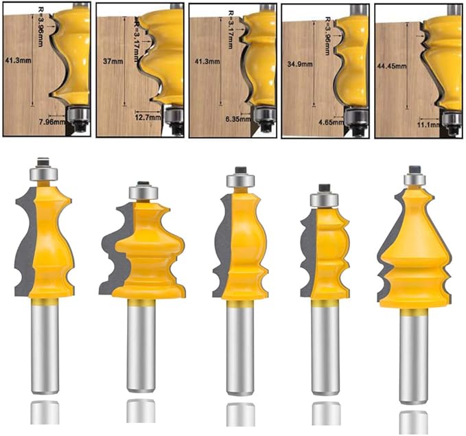 LEATBUY Router Bit Set 5 PCS 1/2-Inch Shank Architectural Molding Corner Round Edge Door Cabinet Shelf Wood Table Woodworking Mill Cutter Tool, Carbide CNC Router(1/2-line)