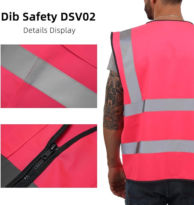 Dib Safety Reflective Vest High Visibility with Pockets and Zipper, Pink XS