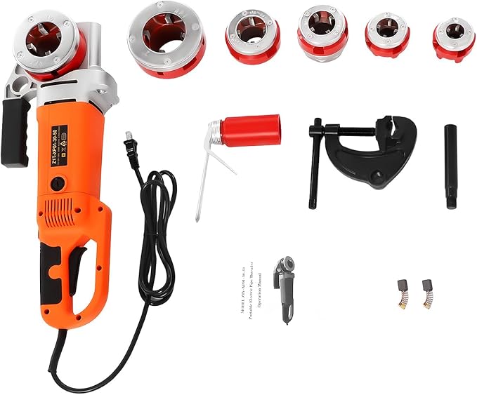 2300W Electric Pipe Threader Kit, Portable Pipe Cutter 6-Die Set (1/2" to 2") Heavy-Duty Hand-Held Power Drive Pipe Threader Machine Kit with Carrying Case for Steel/PVC/Conduit Piping, 26RPM