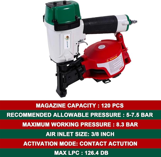 BHTOP Mexican CN45N Roofing Nailer, 15 Degree Roofing Nail Gun, 3/4-Inch to 1-3/4-Inch Coil Nails, 120-pcs Load Capacity Coil Naile (Green/Red）