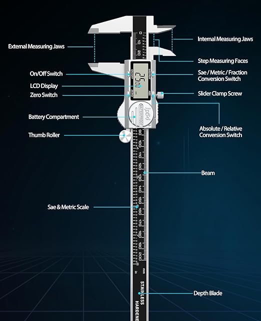 Digital Caliper, (ABS) Absolute Scale Caliper 8in, IP54 Electronic Measuring Tool, Inch/MM/Fraction, Auto-Off LCD Stainless Steel Waterproof Micrometer Vernier Caliper, with Feeler Gauges