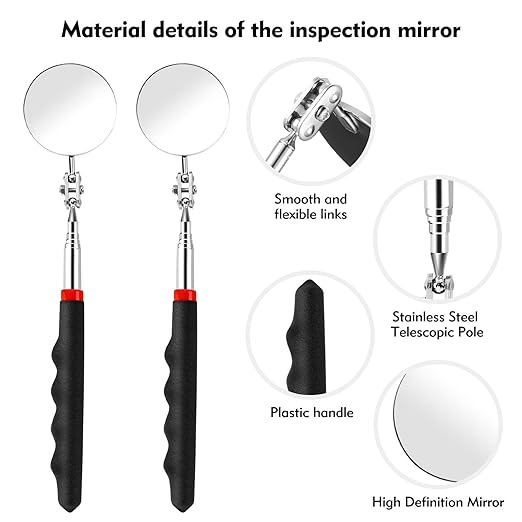 2PCS Telescoping Inspection Mirror Extendable Mirror on a Stick Mechanic Mirror with Long Handle Round Extendable Mirror for Mechanic Checking Vehicle