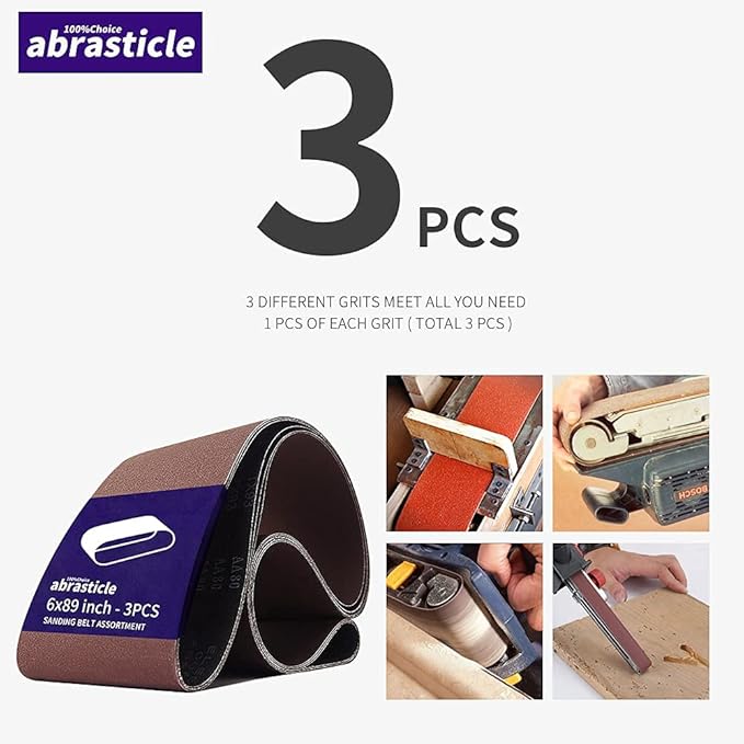 3 Pcs 6 x 89 Inch Assorted Aluminum Oxide Sanding Belt - 80/120/240 Grit