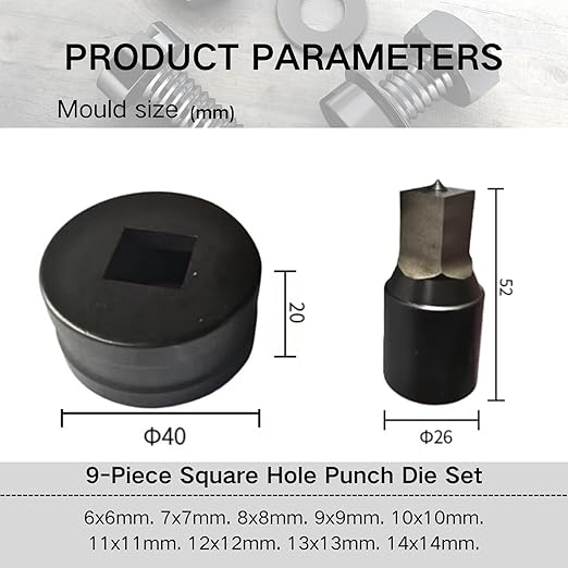 9-Piece Square Hole Punch Die Set for Hydraulic Punch Tool - Compatible with CH-70 Machine, Metal Punching Dies for Steel Sheet, Copper Plate, Aluminum Plate (9-Piece Square Hole Punch Die Set)