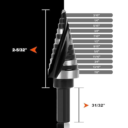 COMOWARE Step Drill Bit, 12 Sizes from 3/16" to 7/8", High Speed Steel Step Bit with 2 Spiral Flutes, 3-Flat Shank, Steps Bits for Metal, Aluminum/Wood/Plastic/Iron, Unibit for Electricians & DIY