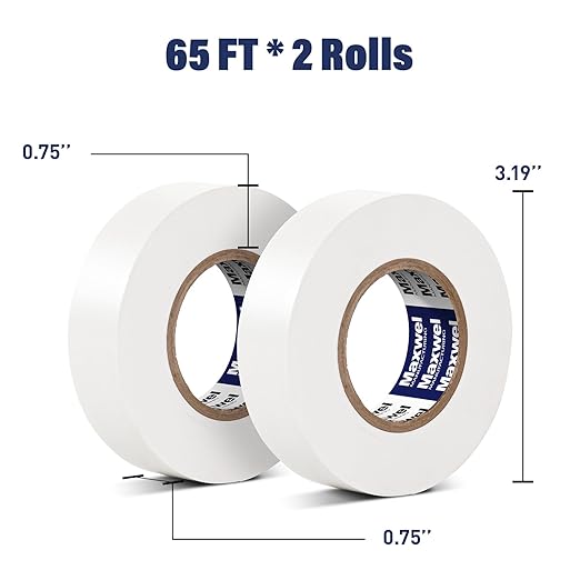White Electrical Tape Vinyl - 3/4 Inch 65 Feet Professional Insulating PVC Electric Tape Flame Retardant Waterproof For All Weather Under 600V Home Outdoor Indoor Wire Insulation Use 2 Rolls Packed