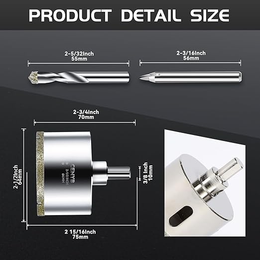 2-1/2inch | 64mm Diamond Hole Saw with Center Drill bit and Diamond-Coated Center Drill bit for Ceramic Glass Marble Fiberglass Granite and Porcelain Tiles by CENYB