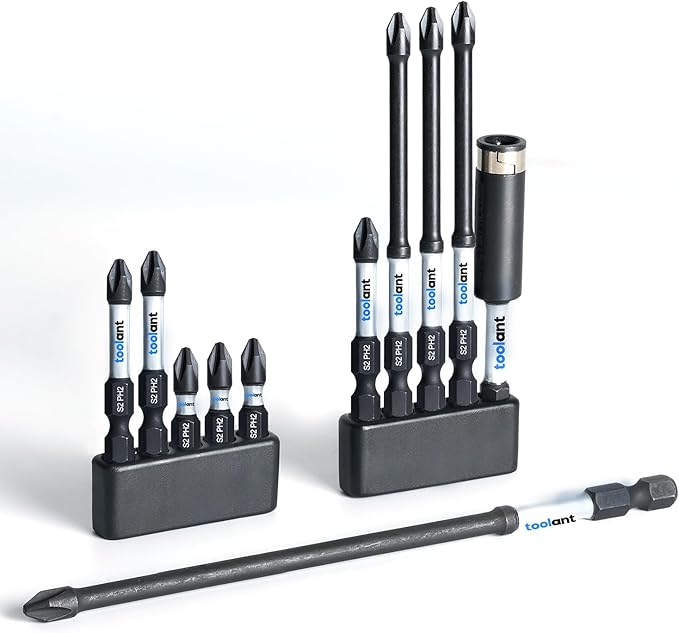 toolant Anti Slip Phillips Screwdriver Bits, #2 Magnetic Non Slip Impact Screwdriver Bits with CNC Machined Tips,11pcs Insert S2 Steel PH2 Driver Dit Set with Magnetic Bit Holder for Power Drill