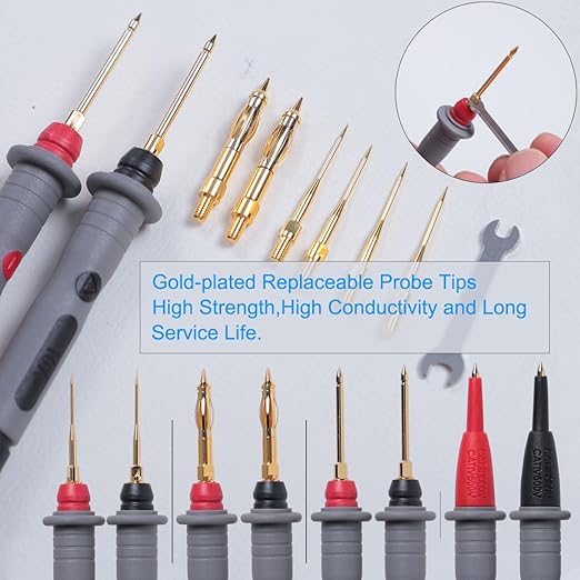 TKDMR 45 Pcs Multimeter Leads Kit, Professional and Upgraded Test Leads Set with Replaceable Gold-Plated Multimeter Probes, Alligator Clips, Test Hooks,5 Colors Jumper Wires and Back Probe Pins.