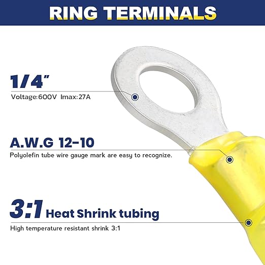 haisstronica 100pcs 1/4" Yellow Marine Grade Heat Shrink Ring Connectors,12-10 Gauge Tinned Red Copper 1mm Ring Terminals Connectors,Brazed-Seam Insulated Electrical Crimp Wire Terminals