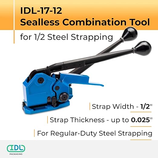 IDL Packaging IDL-17-12 Sealless Combination Tool for 1/2" Steel Strapping - 3-in-1 Tensioner, Sealer, and Cutter - Combination Metal Strapping Tool - Durable Banding Tool with Long Service Life