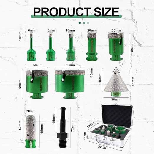 Tile Hole Saw Kit - 7pcs Diamond Core Drill Bits 6/8/10/20/35/50/65mm+4/5" Milling Finger Bit+2" Beveling Chamfer Bit+SDS Shank to 5/8"-11 Thread for Porcelain Ceramic Marble Granite