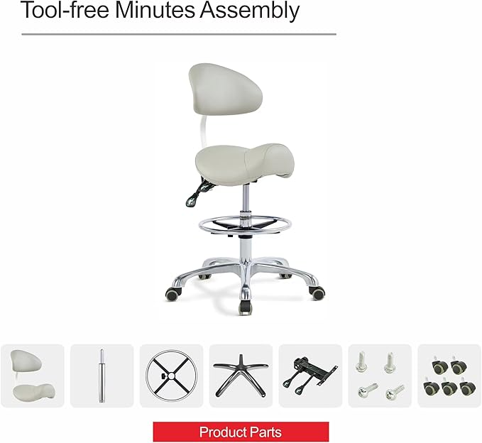 Grace&Grace Ergonomic Rolling Saddle Stool Chair with Wheels Adjustable Swivel Stool with Back and Footrest Heavy Duty for Esthetician, Artist, Dental, Medical, Spa, Salon, Cutting, Home Office