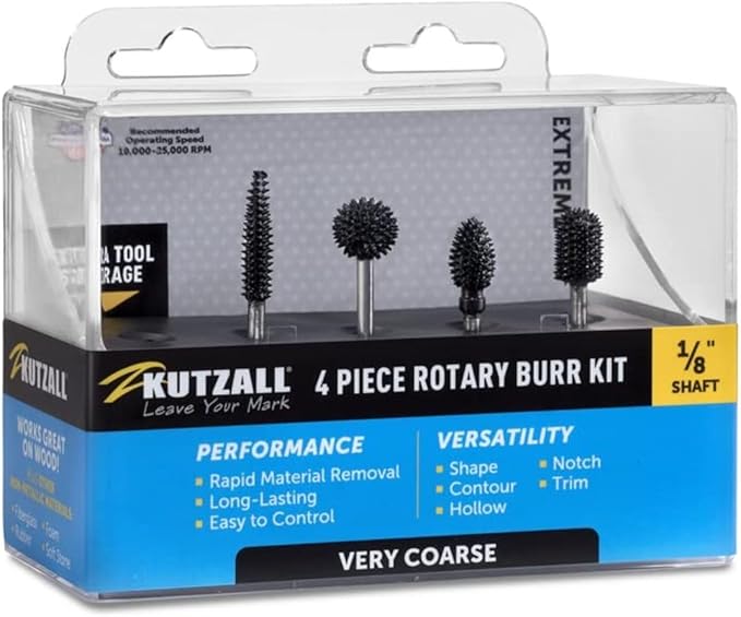 Kutzall 4-Piece Rotary Burr Kit - 1⁄8" Shaft, Very Coarse - Wood Carving Bits for Dremel, Foredom, Ryobi, DeWalt, Milwaukee Tools - Structured Tungsten Carbide