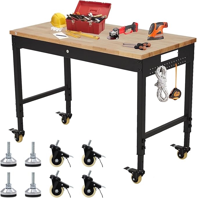 48'' Adjustable Workbench, Heavy Duty Workbench with Power Outlet and Lockable Wheels, 2000 LBS Capacity, Work Table Suitable for Office, Garage, Workshop