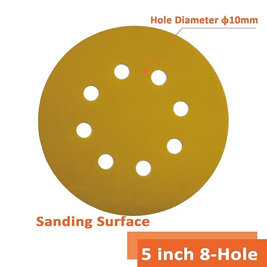 Sanding disc 5 Inch 8 Holes Mixed 60 Pack,Orbital Sander Pads,Hook and Loop Wet/Dry Gold Sandpaper,Include 80,100,120,150,220,320 Grit Each of 10 Pack