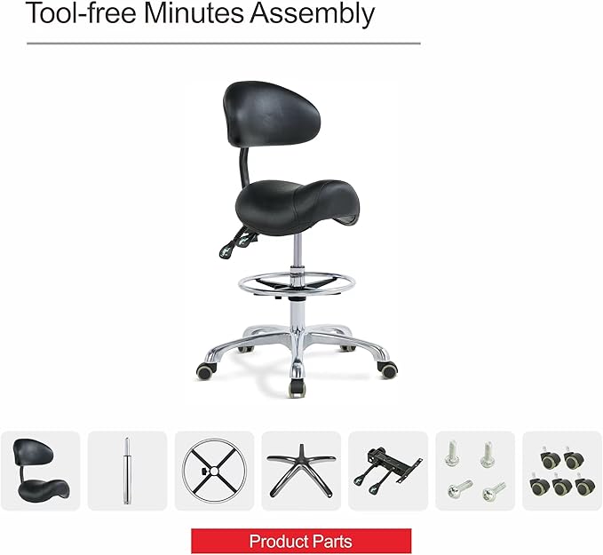 Grace&Grace Ergonomic Rolling Saddle Stool Chair with Wheels Adjustable Swivel Stool with Back and Footrest Heavy Duty for Esthetician, Artist, Dental, Medical, Spa, Salon, Cutting, Home Office