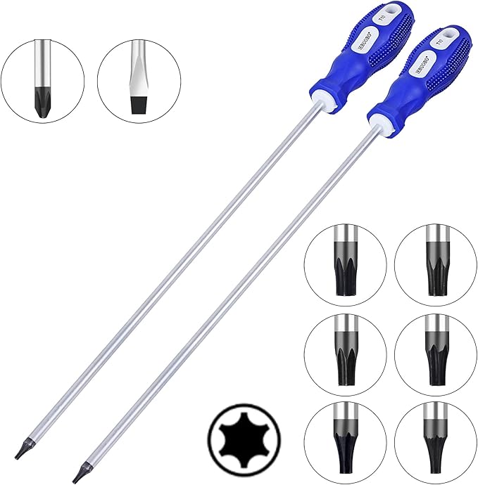 8-Piece Extra Long Torx and Slotted Phillips Screwdriver Set, length 12-inch T10-T30, plus Long star Screwdrivers, PH2 12" Long Cross-head & Flat Blade Screwdriver