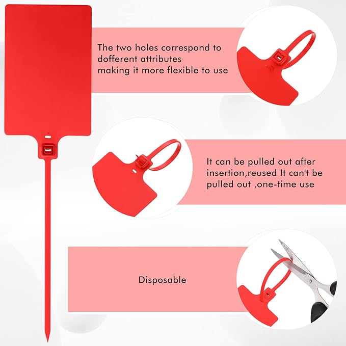 Pajean Waterproof Plastic Tags with Marker Pens and Sticker Labels, Self Locking Bag Writable Tags with Wire Cable Ties for Luggage(Red,50 Pieces)