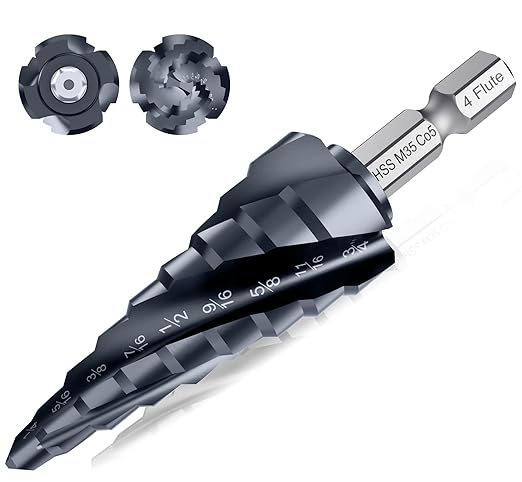 𝗠𝗔𝗖𝗫𝗖𝗢𝗜𝗣 𝗙𝗼𝘂𝗿 𝗦𝗽𝗿𝗶𝗮𝗹 𝗙𝗹𝘂𝘁𝗲 M35 Cobalt Step Drill Bit, 1/4"-3/4" Ultra 𝗧𝗶𝗔𝗜𝗡 Coated, 1/4" Hex Shank Drill Bit for Metal, Stainless Steel, Aluminum, Copper, Wood, PVC