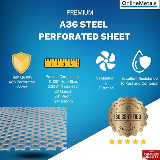 A36 Carbon Steel Perforated Sheet, Unpolished (Mill) Finish, Hot Rolled, Staggered 0.125" Holes, ASTM A36, 0.036" Thickness, 20 Gauge, 24" Width, 24" Length, 0.1875" Center to Center, OnlineMetals