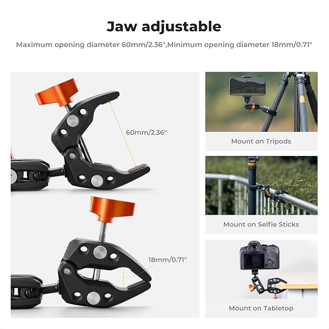 K&F Concept Double Super Clamp Mount, Camera Clamp Mount with 1/4" Threads Metal Clamp for Chair, Pole, Tripod, Desk, Photography Reflector, Flag, Umbrella, Motorcycle Mount