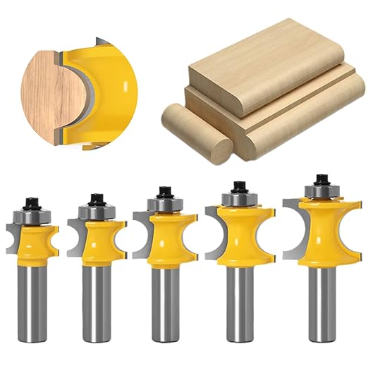 Bullnose Router Bit 1/2 Inch Shank Set 5PCS, Radius Half Round Bearing Wood Milling Cutter Drilling Carbide Tool for Door Table Cabinet Shelve.Radius 1/8" 3/16" 1/4" 5/16" 3/8"