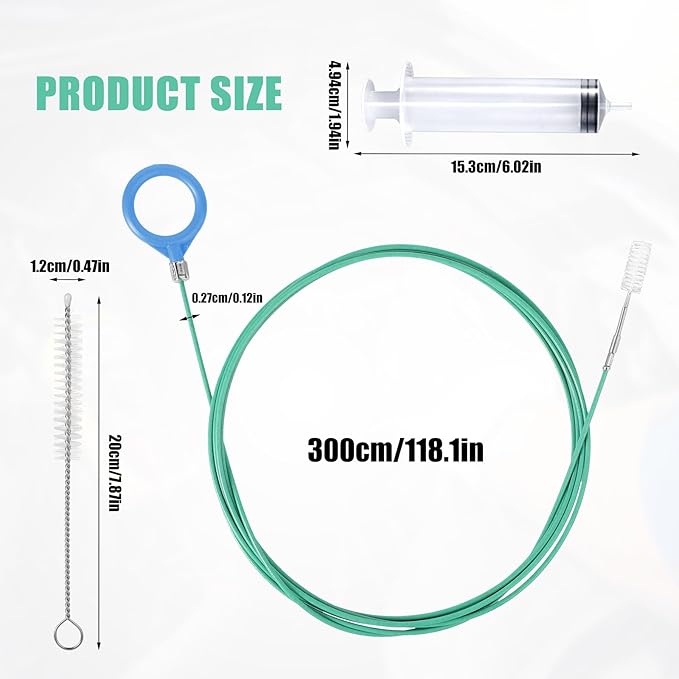 Auto Sunroof Drain Cleaning Tool, 118in Long Pipe Cleaners with Tube Cleaning Brush Syringe Hose Syringe Soft Drain Brush Pipe for Car Sunroof Trunk Wiper Hole