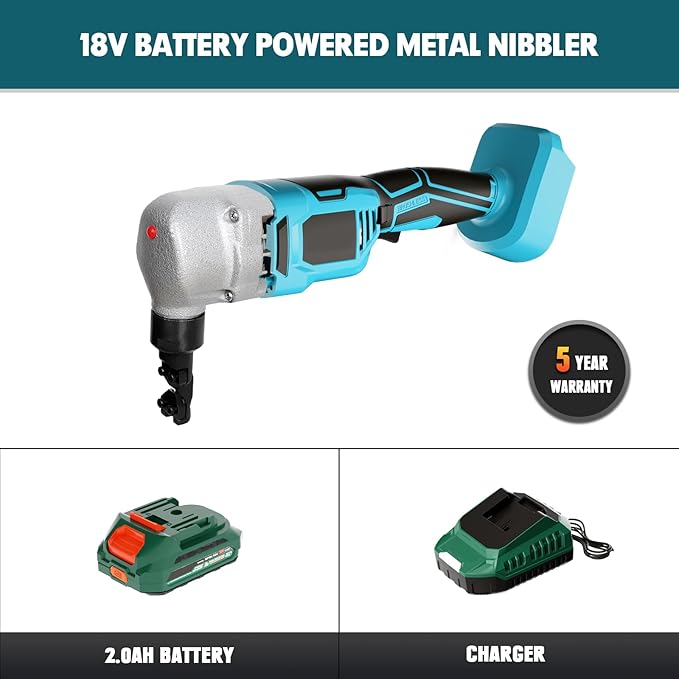 18 Gauge Metal Nibbler Compatible with Makita 18v Battery, Cordless 1200RPM Speed Brushless Shear Tool, 2 Cutting Heads, 2.0 Battery & Charger Kit, for Stainless Steel, Sheet Aluminium, Plastic