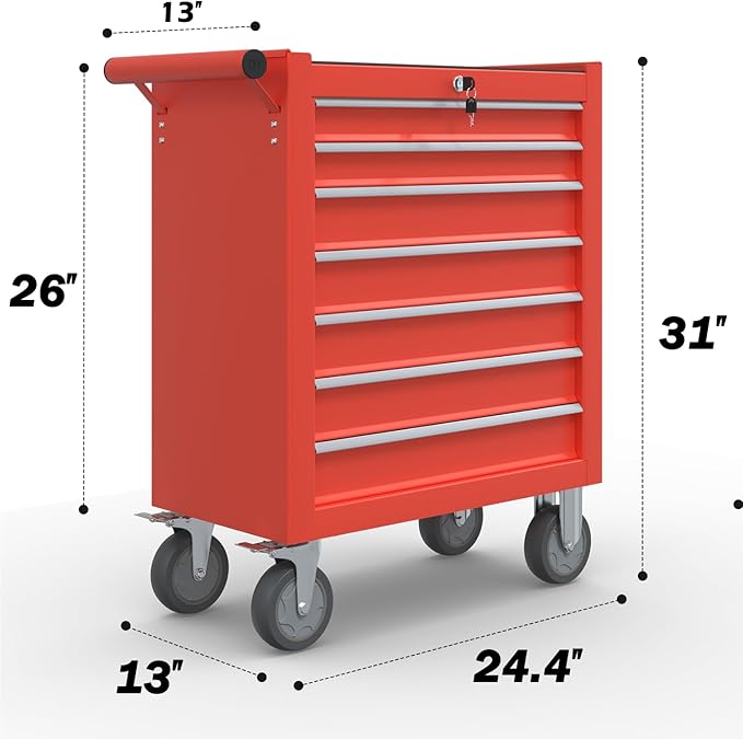 7-Drawer Rolling Tool Chest,Metal Rolling Tool Chest with Wheels and Locking Tool Box,Portable Metal Tool Box for Warehouse,Garage, Repair Shop, Workshop (Red, 7-Drawer)