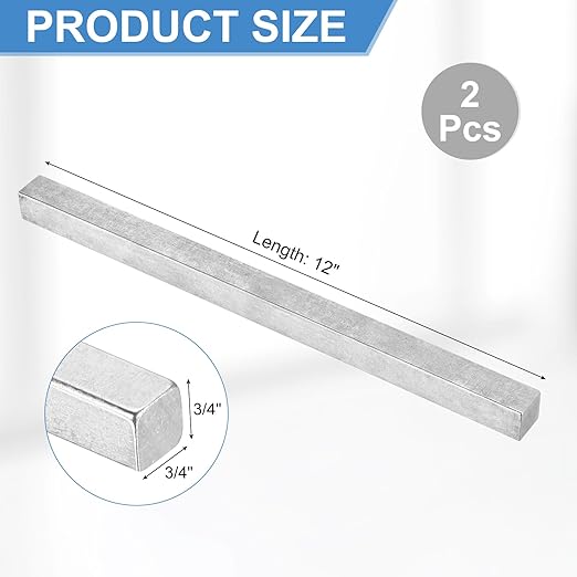 uxcell 2 Pcs Square Steel Key Stock, 3/4" x 3/4" x 12" Cold-Drawn 45# Steel Bars Precision Key Stock for Gearbox Coupling, Silver Tone