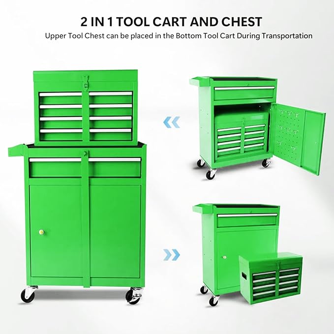 Rolling Tool Chest - 5 Drawers Tool Box Organizer with Lockable Wheels, Sliding Drawers, Detachable Top Tool Box - Tool Storage Cabinet for Garage Workshop, Green