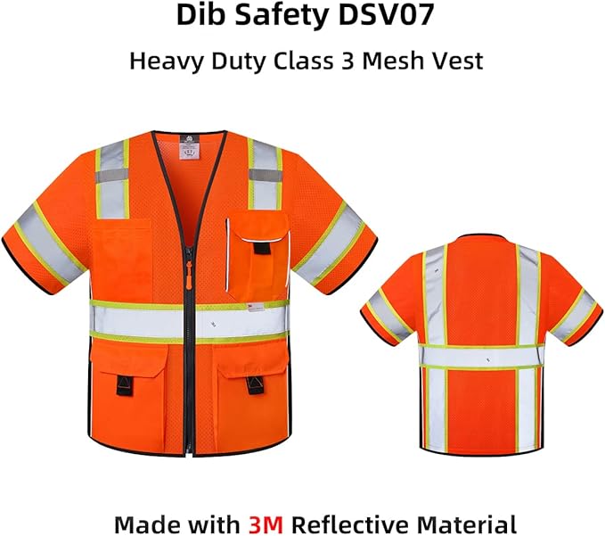 Dib Safety Reflective Mesh Vest ANSI Class 3, High Visibility with Pockets and Zipper, Made with 3M Reflective Tape, Orange L