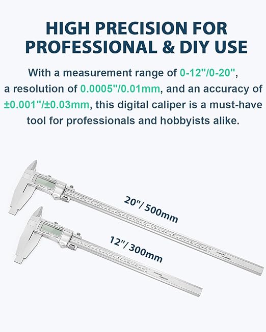 12-Inch Digital Caliper with 4-Inch Jaw Depth, Precision Measuring Tool, Full Metal Frame, Large LCD Screen, Resolution 0.0005"/0.01mm, Ideal for Professionals & Hobbyists